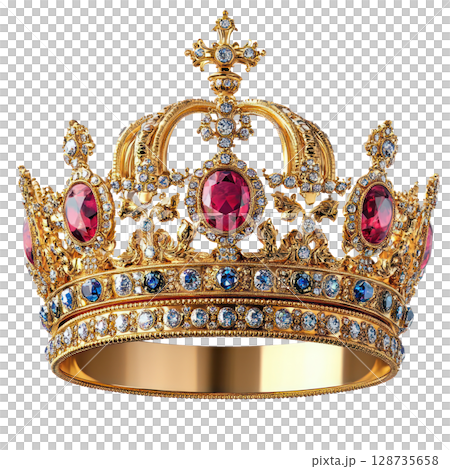 Intricate golden crown adorned with colorful gemstones on a white background 128735658