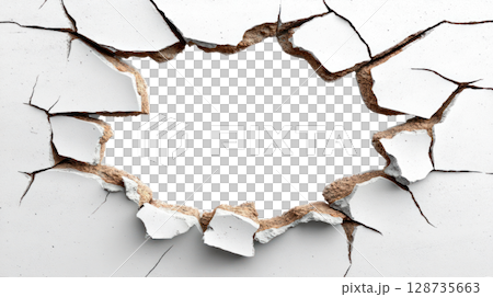 Cracked wall with missing section revealing empty space behind it 128735663