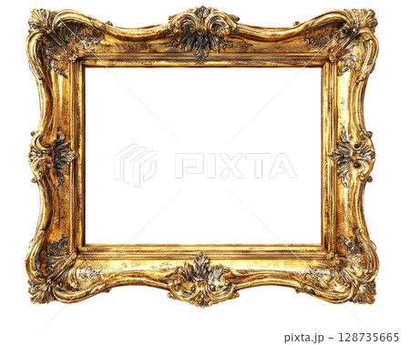 Ornate golden picture frame designed for showcasing artwork or photographs in elegant settings 128735665