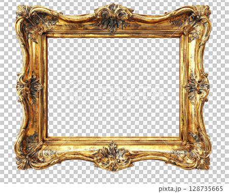 Ornate golden picture frame designed for showcasing artwork or photographs in elegant settings 128735665