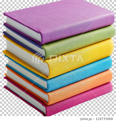 Colorful stack of assorted hardcover books in a variety of vibrant hues ready for exploration and learning 128735666