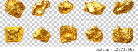 Collection of isolated golden rocks showcasing various shapes and sizes for decorative use 128735668