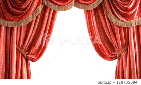 Red velvet curtains with elegant draping ready for a theatrical performance on a neutral background 128735694