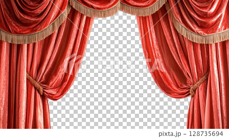 Red velvet curtains with elegant draping ready for a theatrical performance on a neutral background 128735694