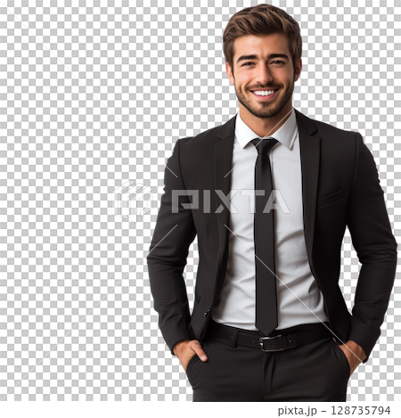 Business professional wearing a black suit with a tie and smiling confidently indoors 128735794