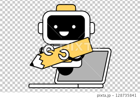 AI holding a pencil, vector illustration of a robot Generative AI Laptop PC 128735841