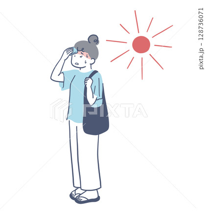 暑さの中ハンカチで汗を拭く女性のイラスト素材 128736071