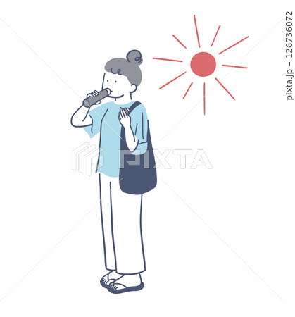 真夏の屋外で水分をとる女性のイラスト素材 128736072
