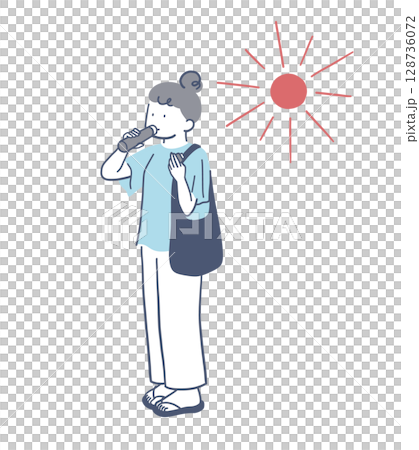 盛夏時節在戶外喝水的女人的插圖素材 128736072