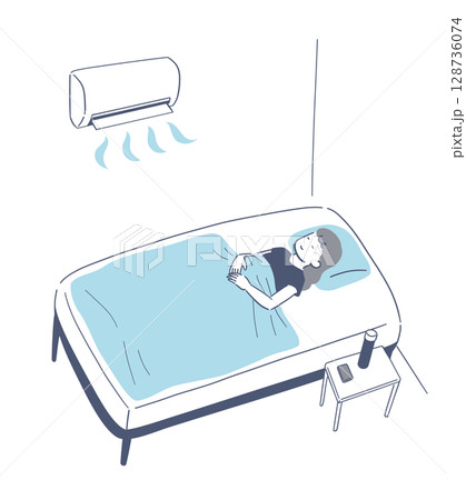 エアコンをつけて快適に眠る女性のイラスト素材 128736074
