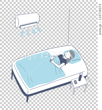 エアコンをつけて快適に眠る女性のイラスト素材 128736074