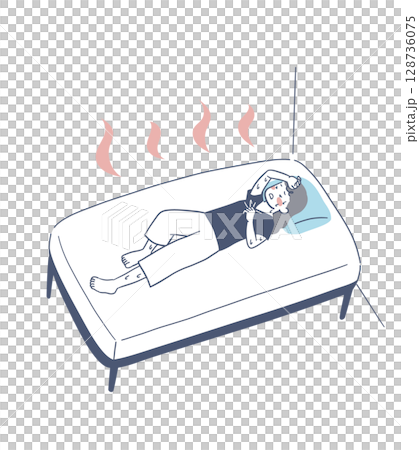 一位女士睡覺時不開冷氣而中暑的插畫素材 128736075