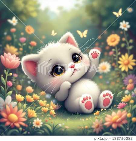 春の花とかわいい子猫 128736082