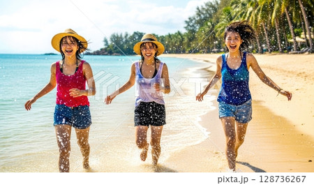 浜辺で水しぶきを上げて遊ぶ女子 128736267