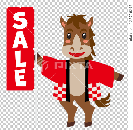 A cute horse in the year of the horse holding a flag at a sale 128736298