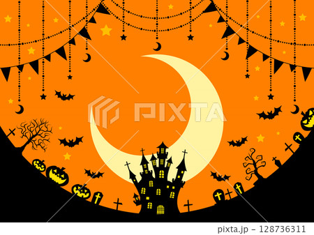 ハロウィン背景、横、オレンジ、かわいい、三日月 ハロウィン背景、横、オレンジ、かわいい、三日月 128736311