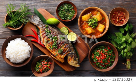 Grilled fish feast with rice, herbs, and spices in rustic bowls on wooden table. 128736327