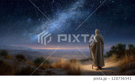 Elderly male gazer observes starry night sky and cityscape. 128736341