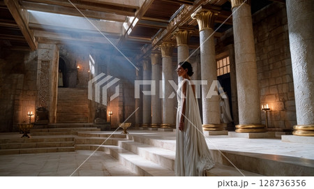 Elegant female in ancient greek hall with pillars and soft lighting. 128736356