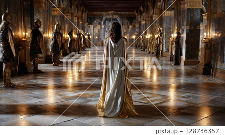 Female in elegant robe walking through majestic hallway with ornate decor and guard statues. 128736357