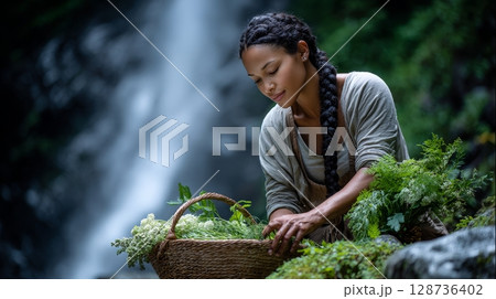 Young asian female gathering herbs in serene waterfall forest setting. 128736402