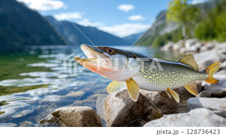 Pike fish on rocky shore of scenic mountain lake. 128736423