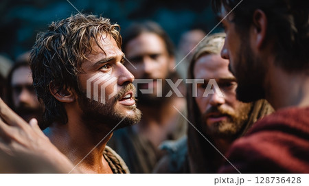 Intense confrontation between young caucasian males in historical setting. 128736428