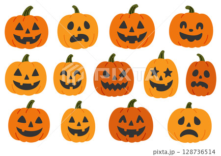 いろいろな表情のハロウィンかぼちゃイラストセット 128736514