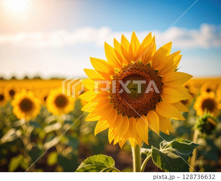 夏空に咲くひまわりのクローズアップ 夏空に咲くひまわりのクローズアップ 128736632