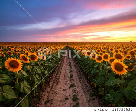 朝焼けに包まれる幻想的なひまわり畑 128736639