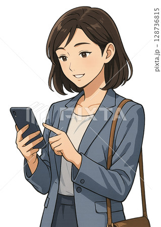 スマホを操作する女性のイラスト 128736815