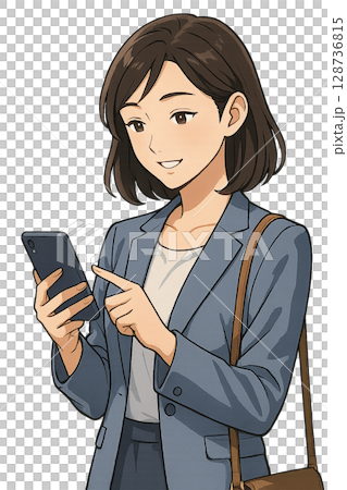 Illustration of a woman operating a smartphone Illustration of a woman operating a smartphone 128736815