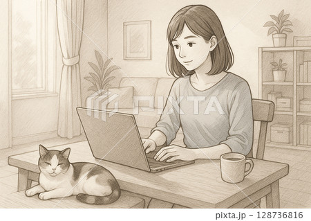 自宅で在宅ワークする女性と猫のイラスト（セピア調） 128736816