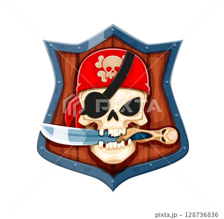 Cartoon pirate skull with a dagger in teeth. Vector emblem featuring human cranium in red bandana with crossbones symbol, eyepatch, and clenched blade in teeth, framed by a wooden and metal shield Cartoon pirate skull with a dagger in teeth. Vector emblem featuring human cranium in red bandana with crossbones symbol, eyepatch, and clenched blade in teeth, framed by a wooden and metal shield 128736836