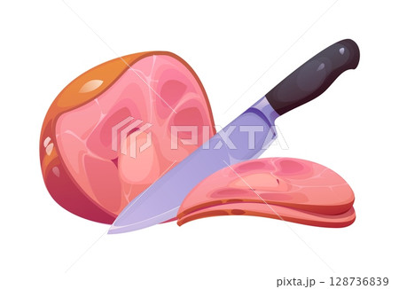 Cartoon ham with slicing knife, cook food cooking process. Juicy cut of meat shown with glossy surface and fat layers. Vector cooking ingredient, gastronomy delicatessen isolated on white background 128736839