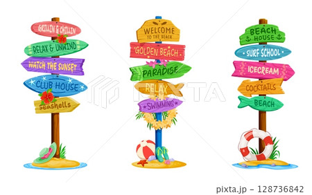 Summer beach wooden signboard, vacation sign board signage. Cartoon vector tropical signposts with fun holiday themed directions, decorated with flowers, flip flops, balls and seaside accessories Summer beach wooden signboard, vacation sign board signage. Cartoon vector tropical signposts with fun holiday themed directions, decorated with flowers, flip flops, balls and seaside accessories 128736842