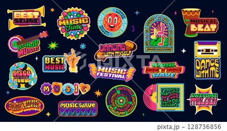 Music y2k groovy funky stickers, musical sound patch labels vector set with retro typography, smile face, cassette tape, notes, heart, drum, guitar, vinyl record and sound elements capturing nostalgia 128736856