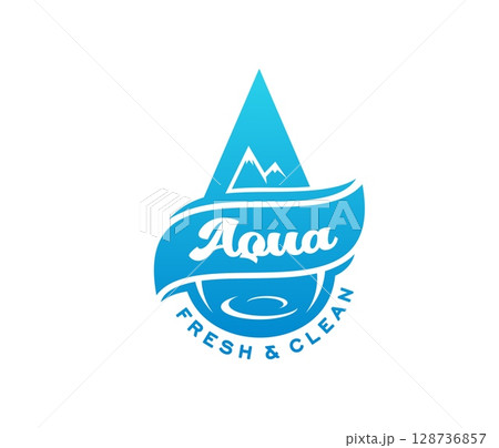 Spring clean water icon representing blue droplet with mountain peaks in blue and white colors. Eco friendly product label with fluid lines emphasize freshness, nature and hydration for beverage brand 128736857