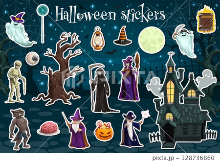 Halloween holiday characters stickers pack. Cartoon vector eerie witch, pirate ghost and mummy, eyeball, lantern, bare tree or grim reaper. Werewolf, brain wizard, candy pumpkin bucket or spellbook Halloween holiday characters stickers pack. Cartoon vector eerie witch, pirate ghost and mummy, eyeball, lantern, bare tree or grim reaper. Werewolf, brain wizard, candy pumpkin bucket or spellbook 128736860