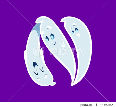 Halloween font N letter ghost cartoon happy character. Scary phantom mascot font typeset symbol, spooky ghost personage or creepy monster character English ABC vector letter. Latin alphabet element 128736862