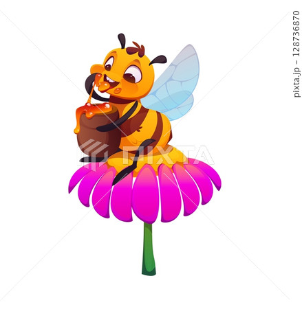 Cartoon cute bee character eating honey. Honey bee insect funny isolated vector character, apiary farm bug baby happy personage. Funny honeybee sitting of flower, eating honey from jar with hand 128736870
