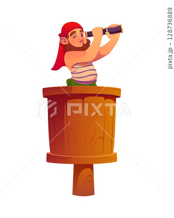 Cartoon pirate ship crew sailor character in a wooden crow nest looking through a spyglass. Isolated vector Bearded corsair maritime personage with red bandana and striped shirt scanning the horizon 128736889