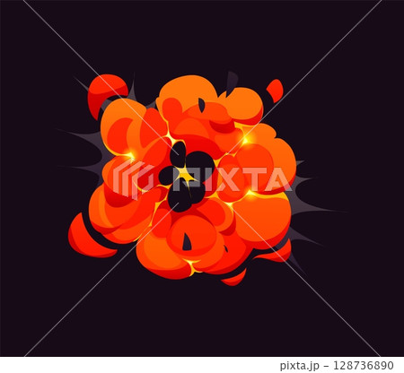 Cartoon bomb explosion blast comic effect, fire and smoke boom cloud. Gas blast with smoke trail, dynamite explosion energy vector effect or game asset. Explosion or grenade bomb detonation cloud 128736890