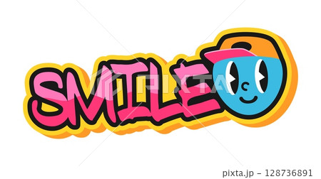 Smile Y2K groovy retro sticker, 70s tag. Retro hippie cartoon vector tag or sticker. 80s comic Y2K patch or funny funky label with grafitti style colorful typography text and emoji character face 128736891