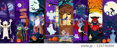 Cartoon Halloween holiday characters collage of monsters for horror night , vector background. Cartoon Halloween devil with vampire and witch or boo ghosts with cemetery tombstone and funny mummy 128736898