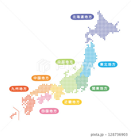 ドットの色別地方分けした日本地図のイラスト 128736903