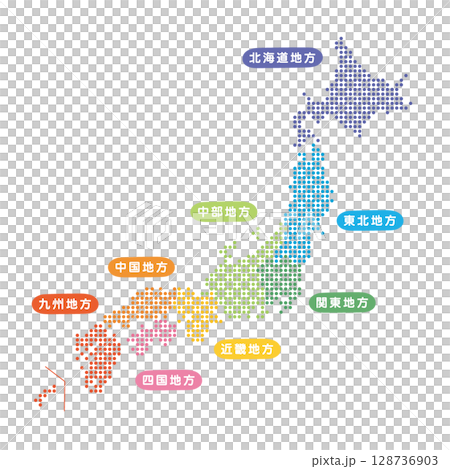 ドットの色別地方分けした日本地図のイラスト 128736903