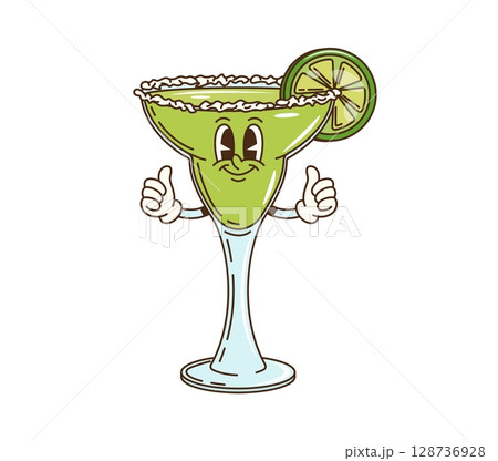 Groovy margarita cocktail glass character. Party alcohol drink, bar or restaurant beverage glass 70s hippie personage showing thumbs up. Margarita cocktail with lime lemon groovy vector character 128736928