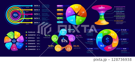 Presentation infographics diagram chart and graph elements and circular percentage data. Vector dashboard user interface kit template with business steps, pie sectors and numeric info for statistics 128736938