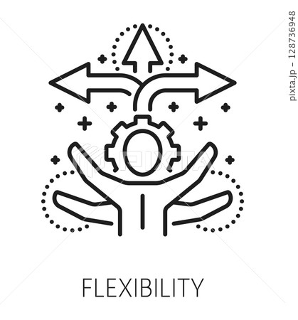 Flexibility life skills line icon or sign. Human potential lineart vector sign, personal quality thin line symbol. Personality flexibility ability pictogram or life skill icon with multitasking person 128736948